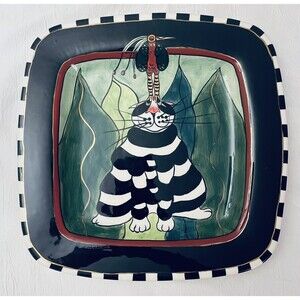 SWAK Lynda Corneille Plate Signed 2002 Peacock on Cat Head Wall Plate Square 12"